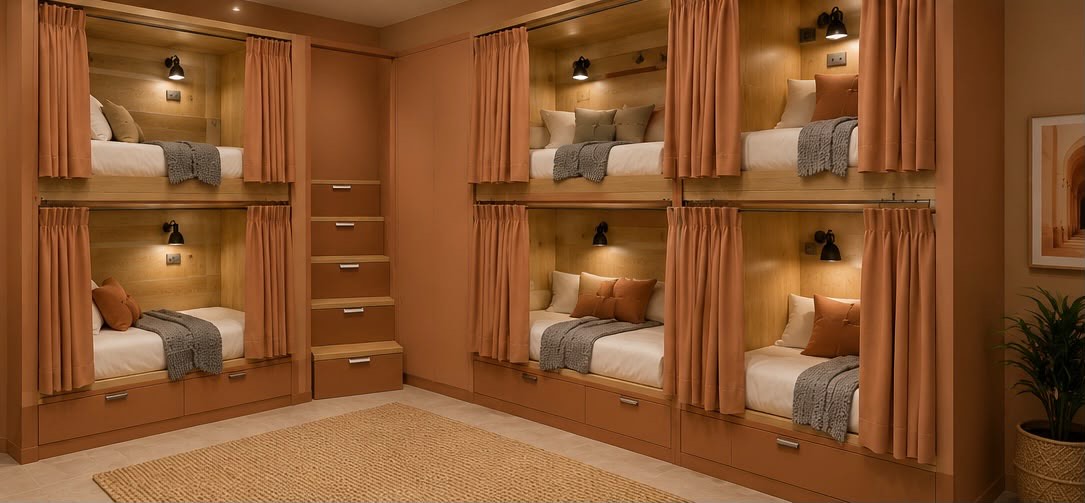 The Camel Dorm — 4-bed mixed dorm with earthy warm tones
