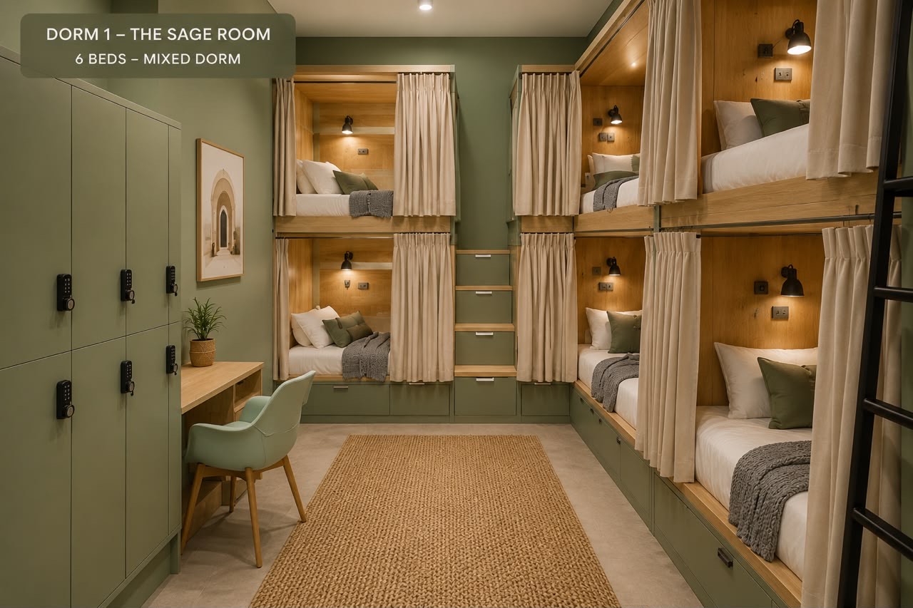 The Sage Dorm — 6-bed mixed dorm with sage tones and natural oak finishes